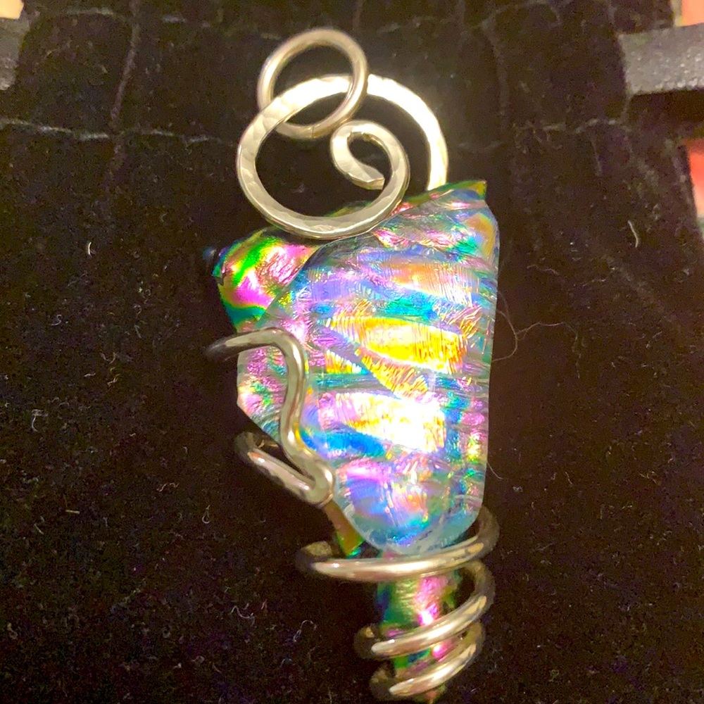 Large silver iridescent stone pendant new